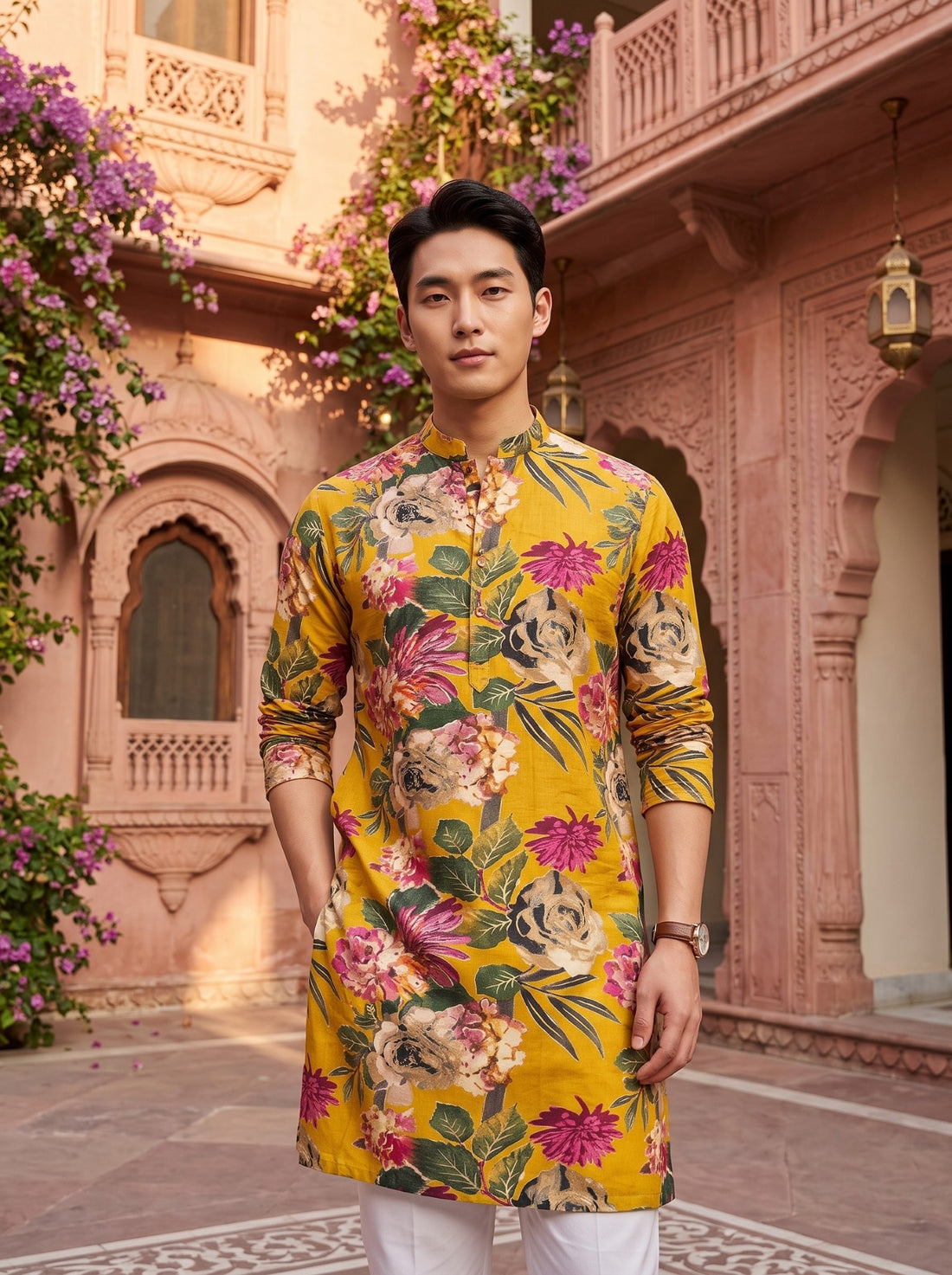 TryBuy TB_21142 men's mustard multicolour floral print kurta, standing lifestyle view highlighting the regular fit, full sleeves and bold botanical print.
