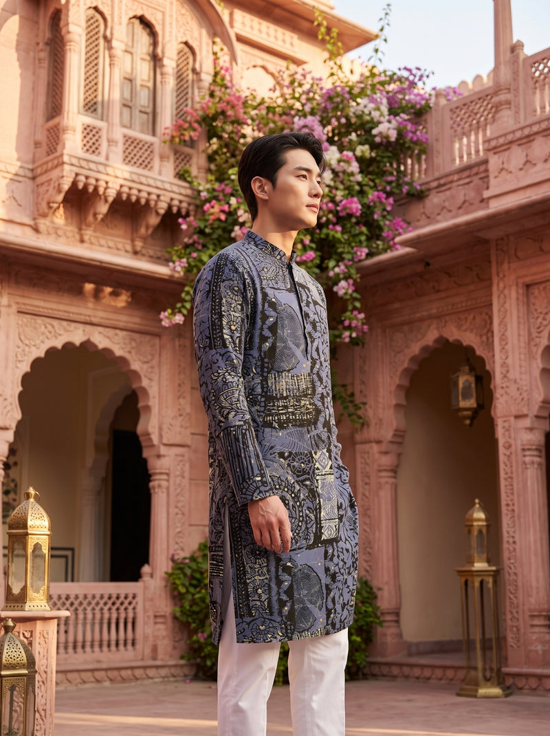Men's Slate Grey Multicolour Botanical Print Viscose Rayon Blend Kurta 7