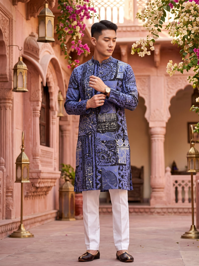 Men's Slate Grey Multicolour Botanical Print Viscose Rayon Blend Kurta 10