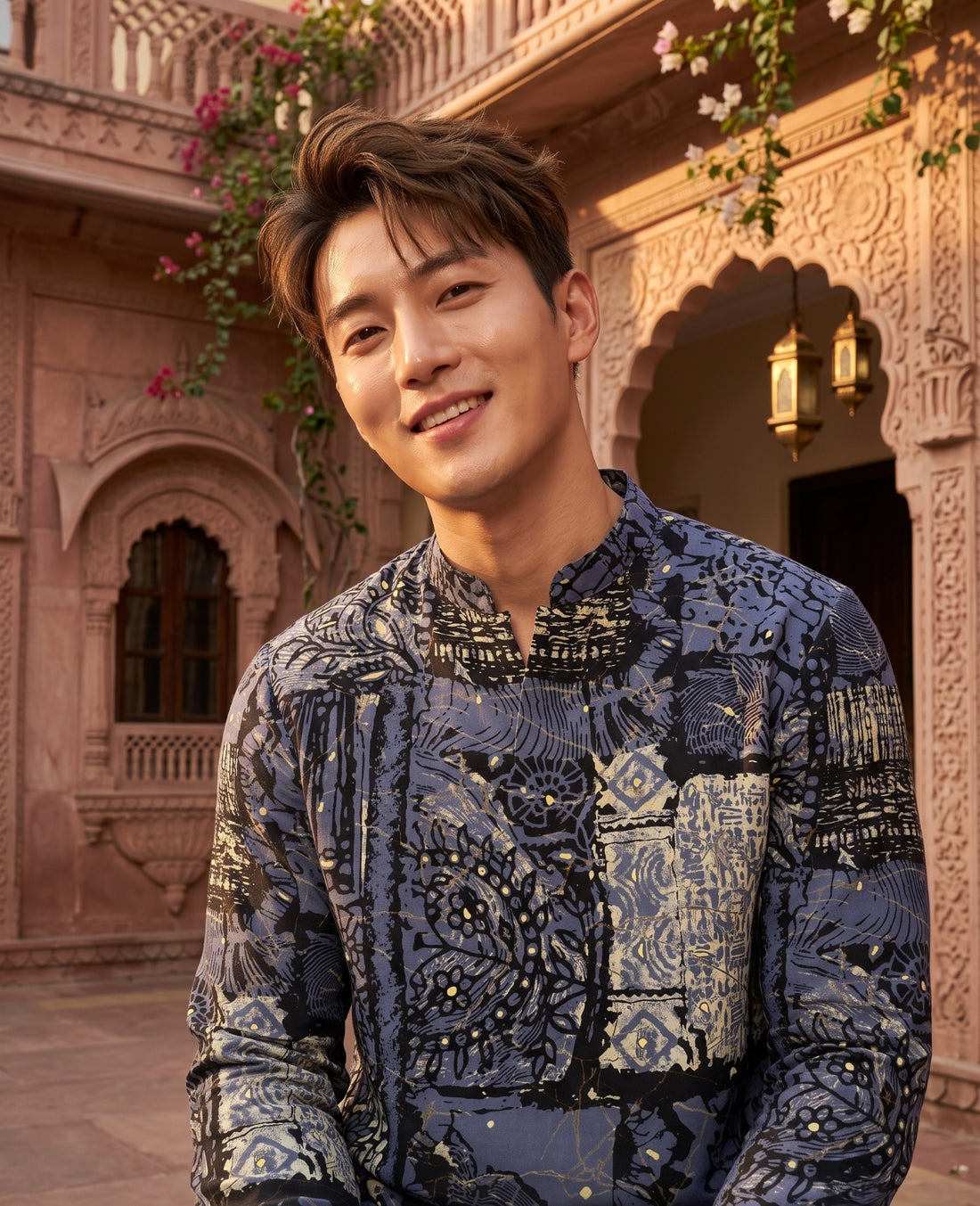 TryBuy TB_21144 men's slate grey multicolour botanical print kurta, upper-front portrait showing mandarin collar, full sleeves and abstract leaf motifs.