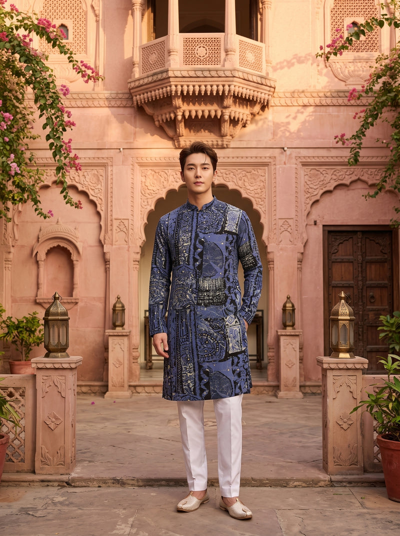Men's Slate Grey Multicolour Botanical Print Viscose Rayon Blend Kurta 3