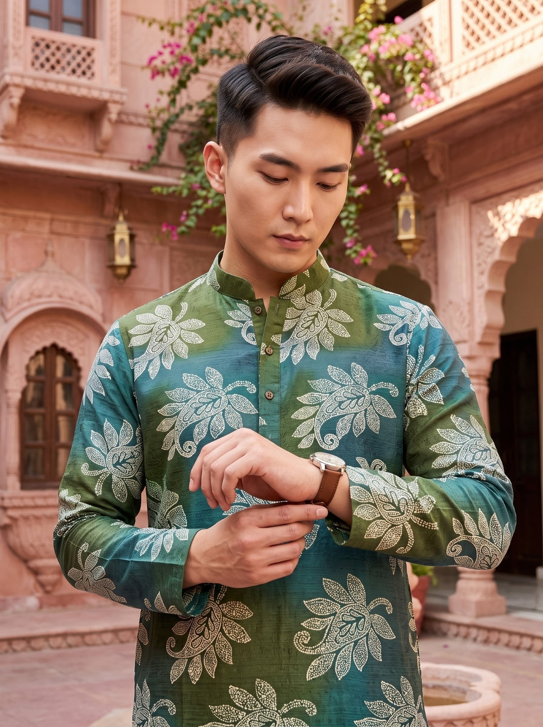 TryBuy TB_21145 men's emerald teal green botanical print kurta, upper-body detail showing the mandarin collar, button placket, cuffs and beige leaf motifs.