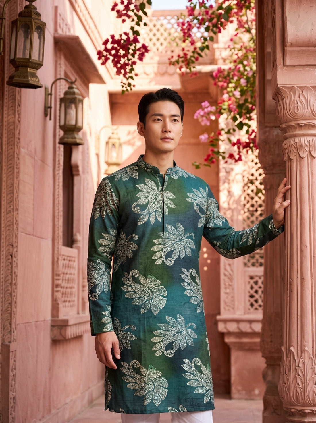 TryBuy TB_21145 men's teal botanical print kurta, front view beside a haveli doorway showing the mandarin collar, full sleeves and beige leaf pattern.