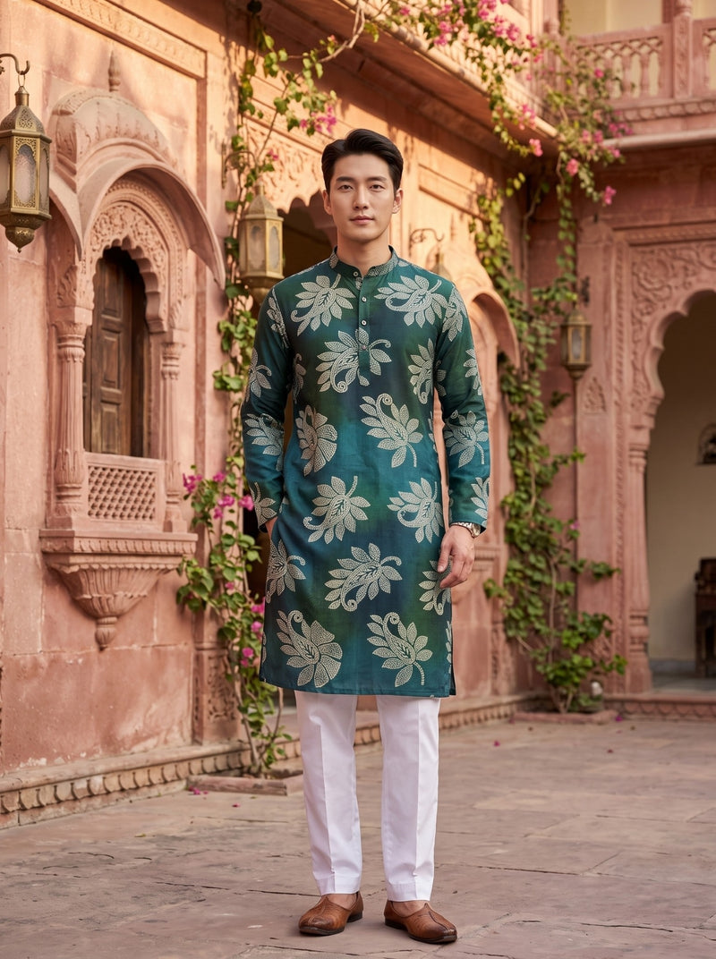 Men's Emerald Teal Botanical Print Viscose Rayon Kurta 1