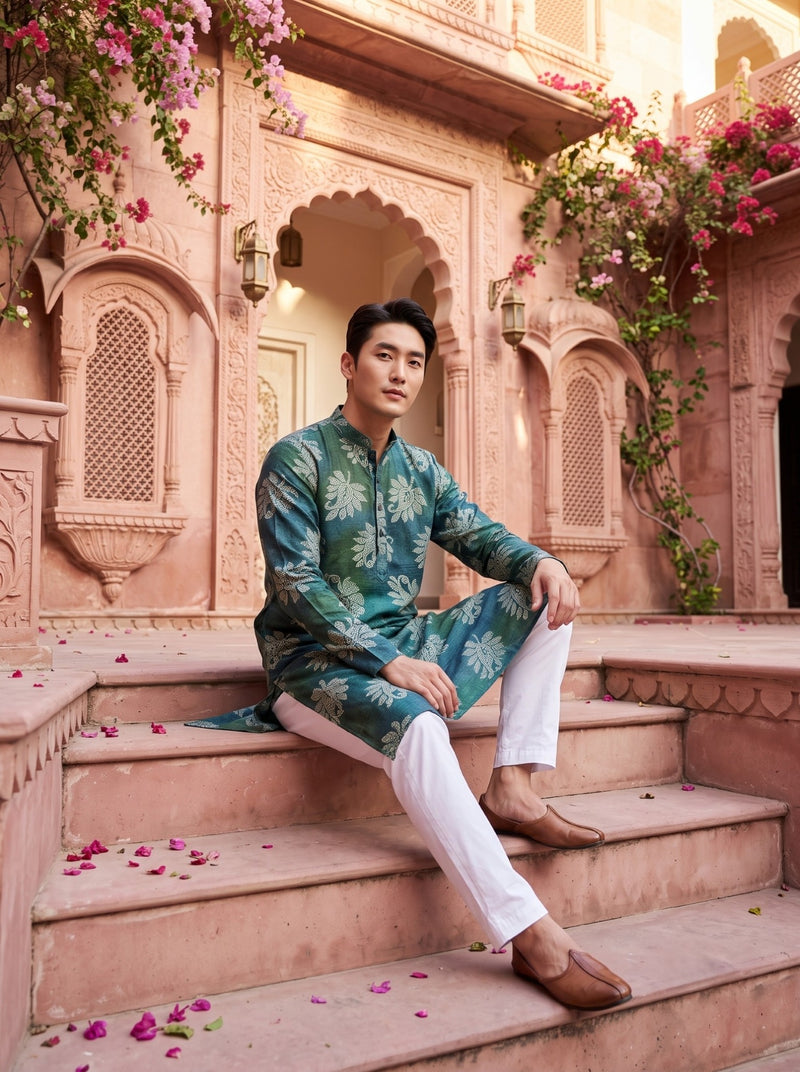 Men's Emerald Teal Botanical Print Viscose Rayon Kurta 8