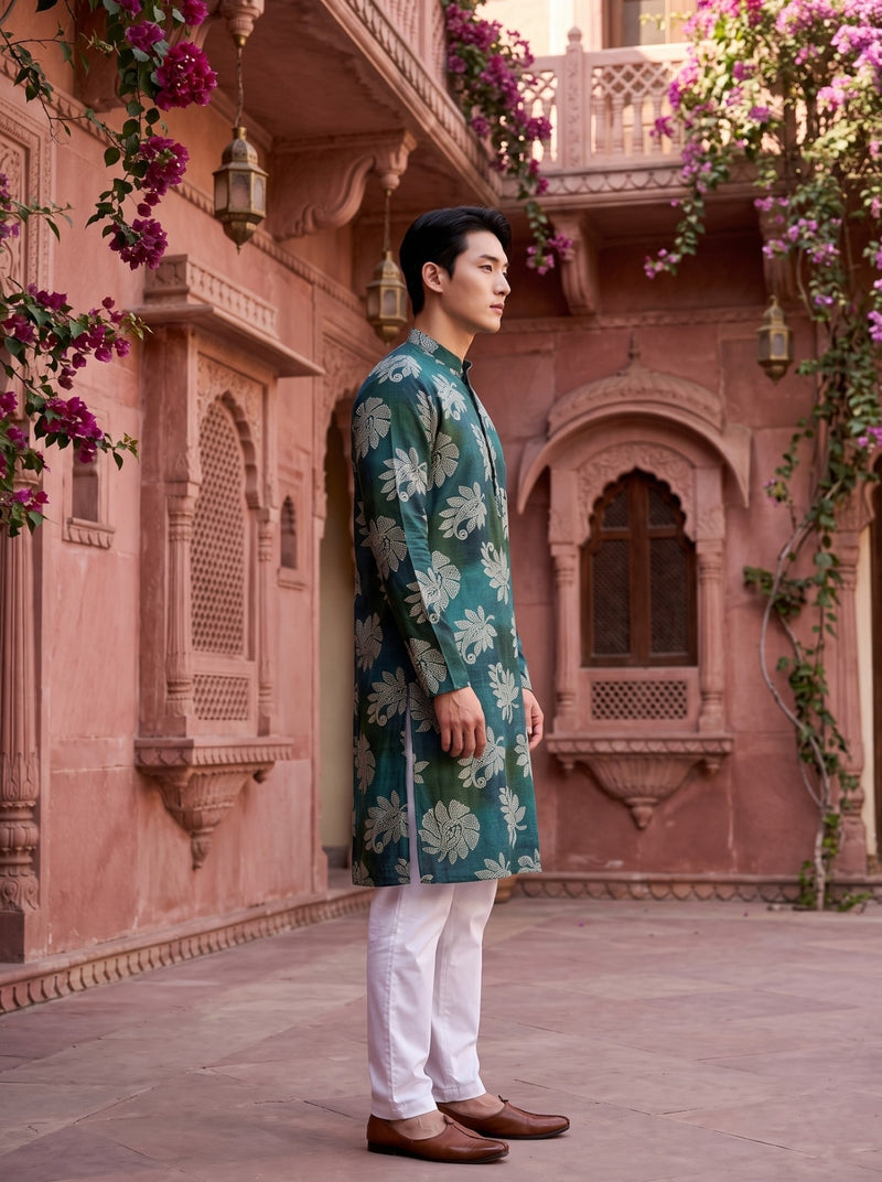Men's Emerald Teal Botanical Print Viscose Rayon Kurta 7