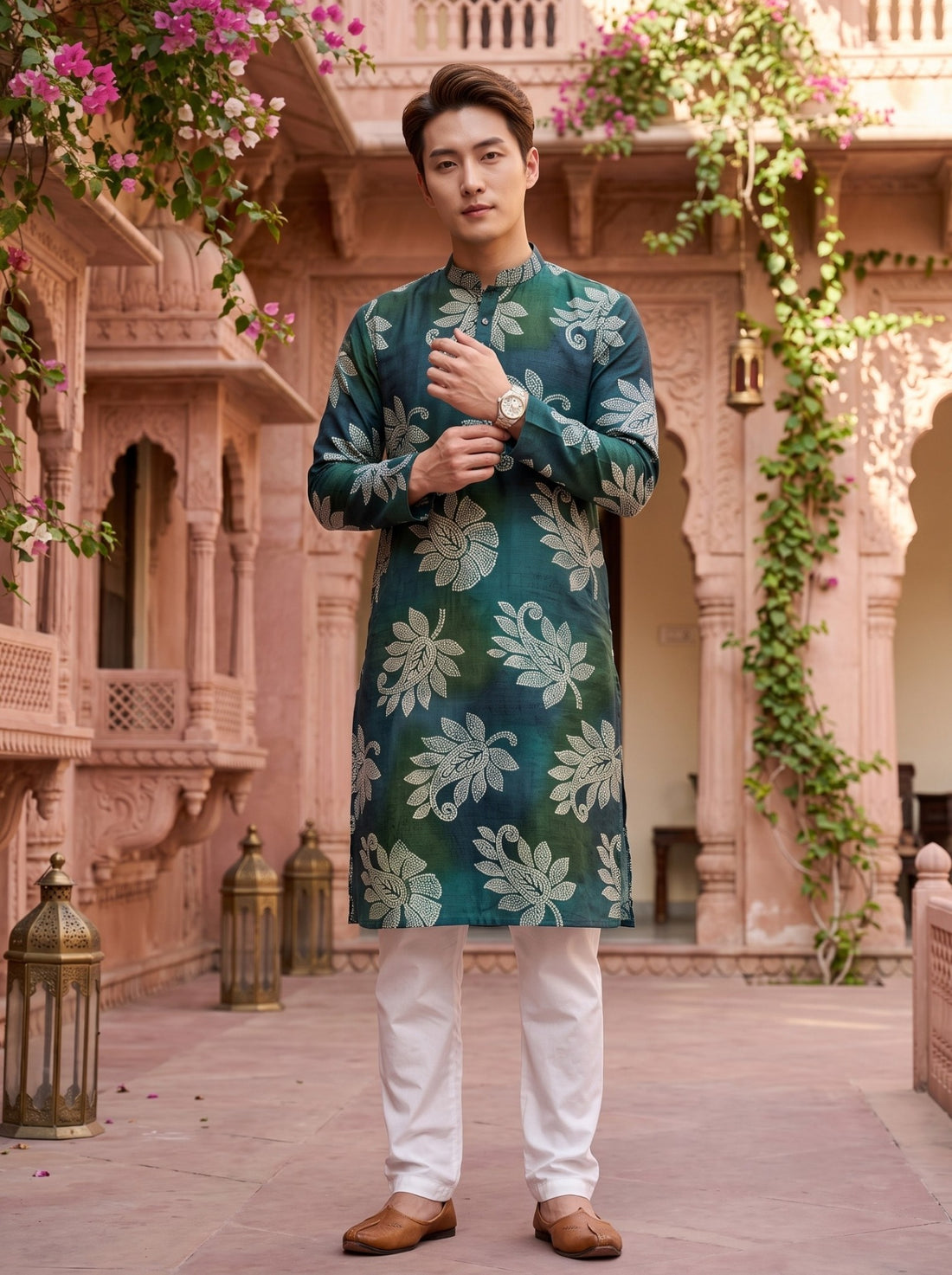 TryBuy TB_21145 men's emerald teal green botanical print kurta, standing full-length front view showing the regular fit, band collar and long silhouette.