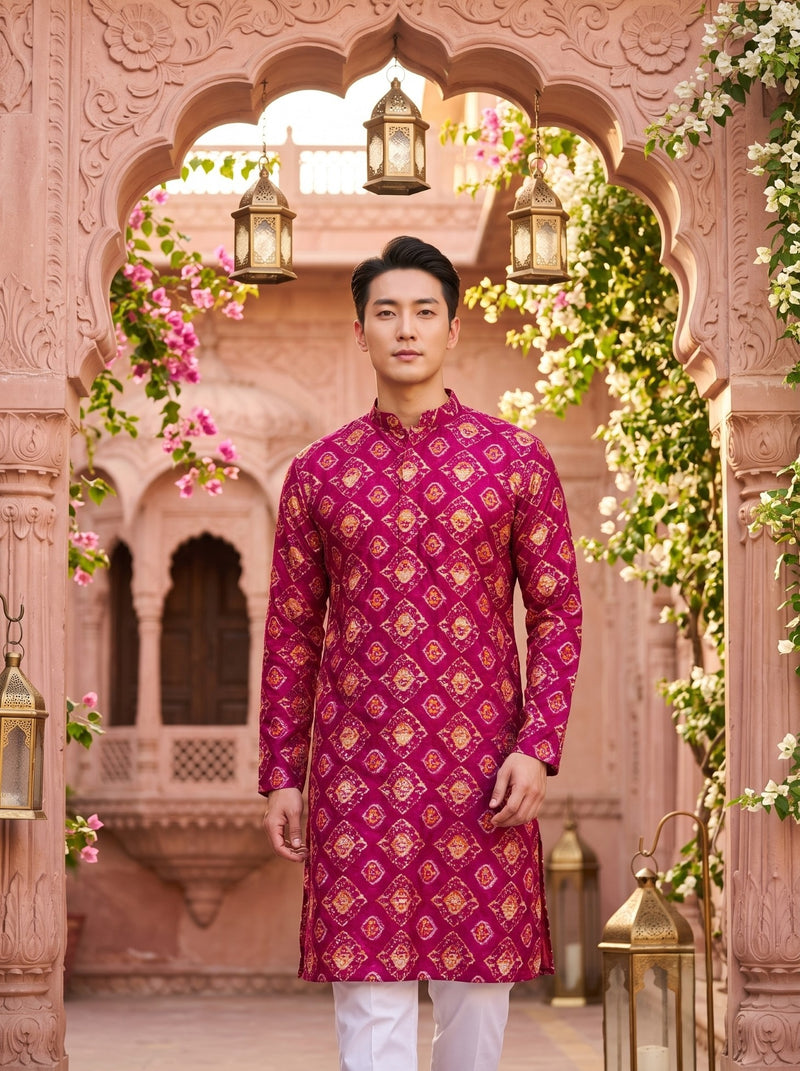 Men's Magenta Ethnic Motif Printed Viscose Rayon Kurta 6