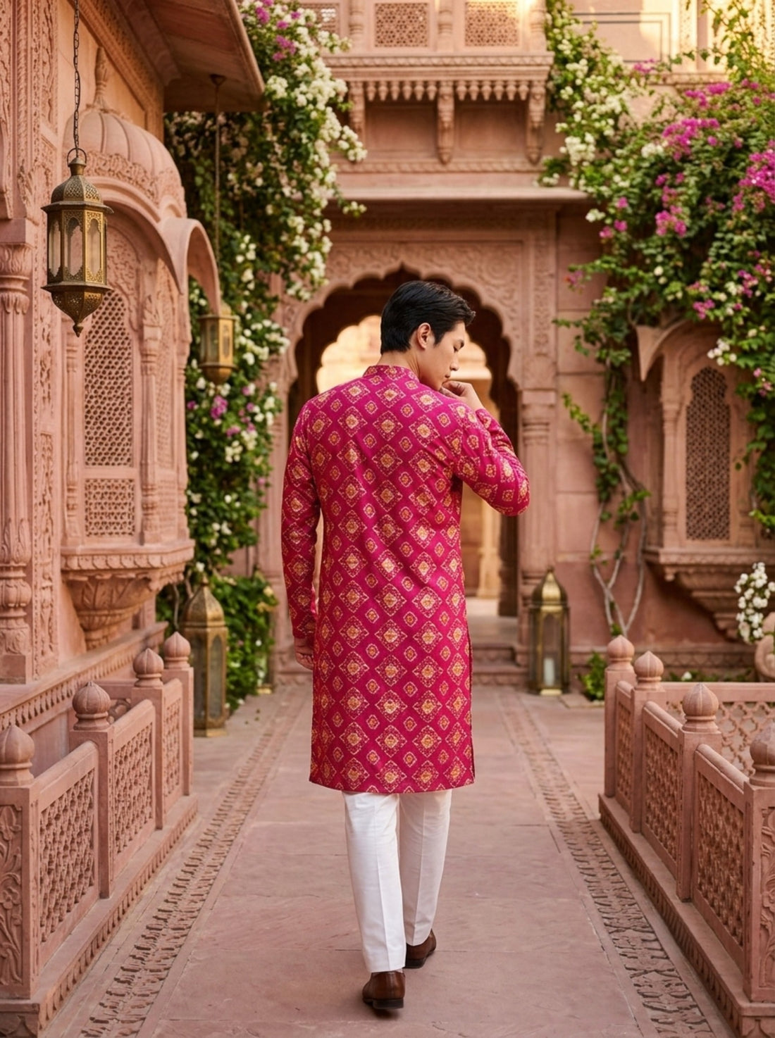 TryBuy TB_21146 men's magenta ethnic-print kurta, back view showing the repeating ethnic motifs and knee-length silhouette.
