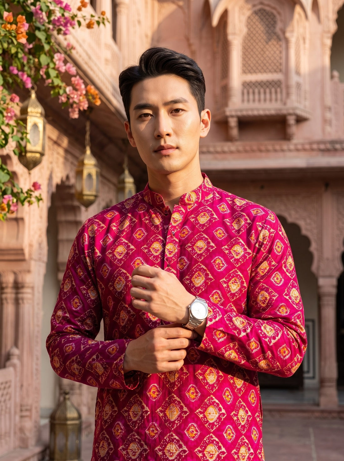 TryBuy TB_21146 men's magenta ethnic-print kurta, upper-body detail showing the mandarin collar, cuffs and gold-toned ornamental motifs.