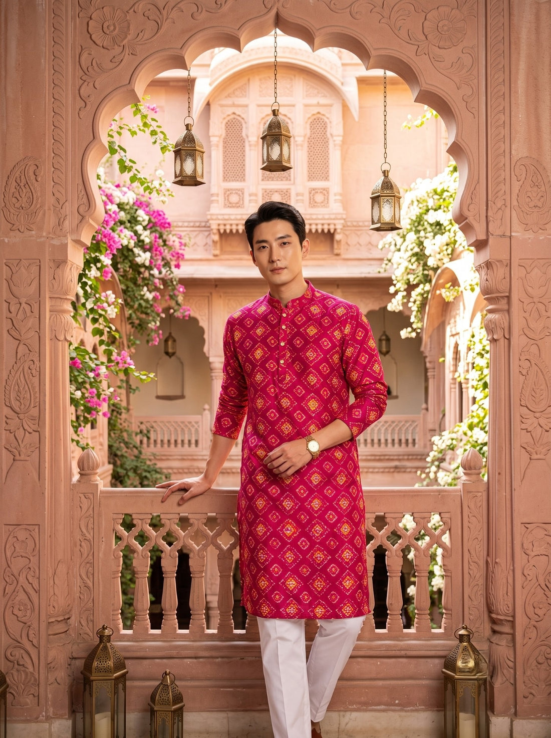 TryBuy TB_21146 men's magenta ethnic-print kurta, standing view framed by a haveli doorway showing the magenta kurta and repeating motifs.