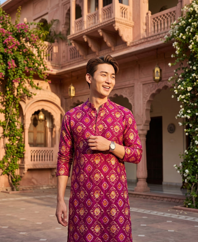 TryBuy TB_21146 men's magenta ethnic-print kurta, front lifestyle view showing the short button placket and magenta ethnic pattern.
