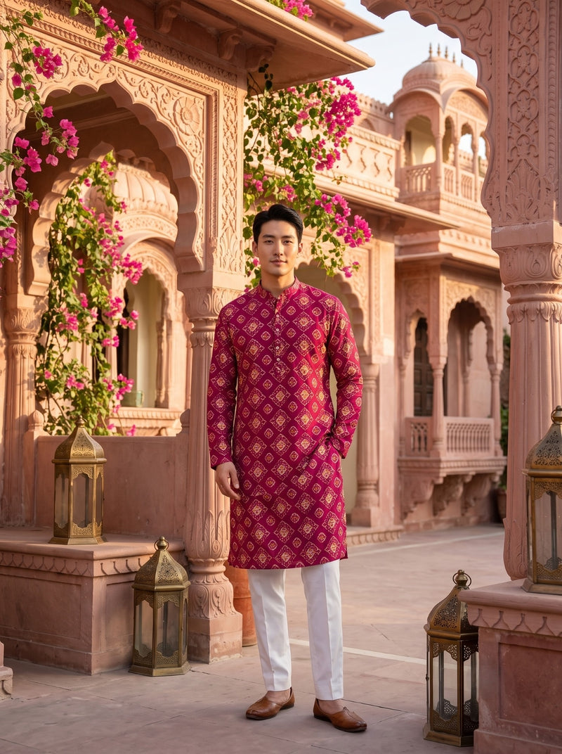 Men's Magenta Ethnic Motif Printed Viscose Rayon Kurta 1