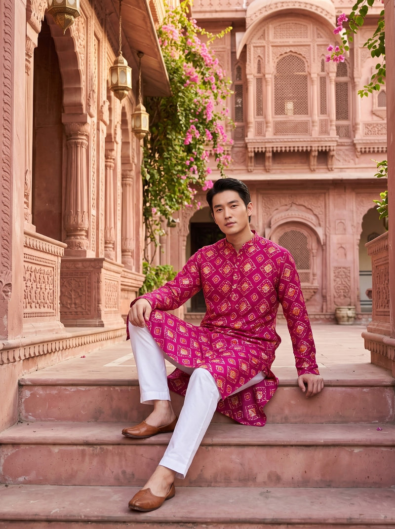 Men's Magenta Ethnic Motif Printed Viscose Rayon Kurta 9