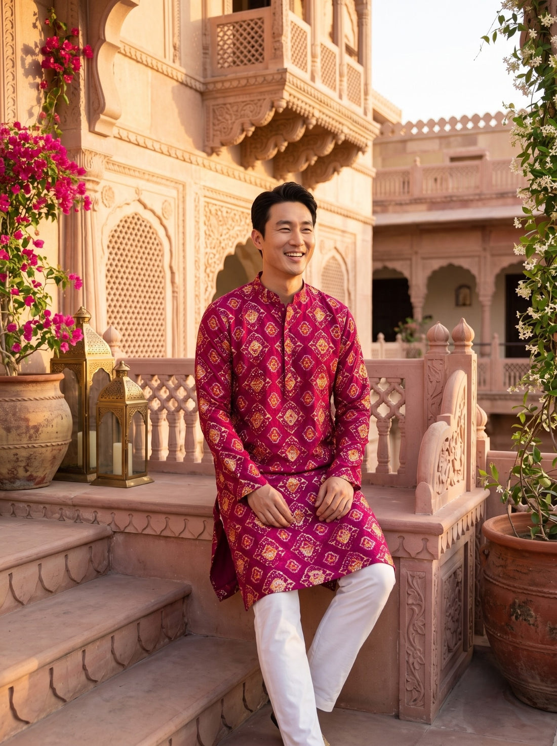 TryBuy TB_21146 men's magenta ethnic-print kurta, seated lifestyle view beside a haveli balustrade, showing the magenta colour and printed diamond motifs.