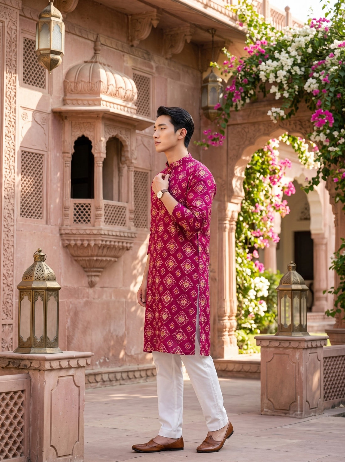 TryBuy TB_21146 men's magenta ethnic-print kurta, side-profile full-length view showing the straight hem, side slit and full sleeves.