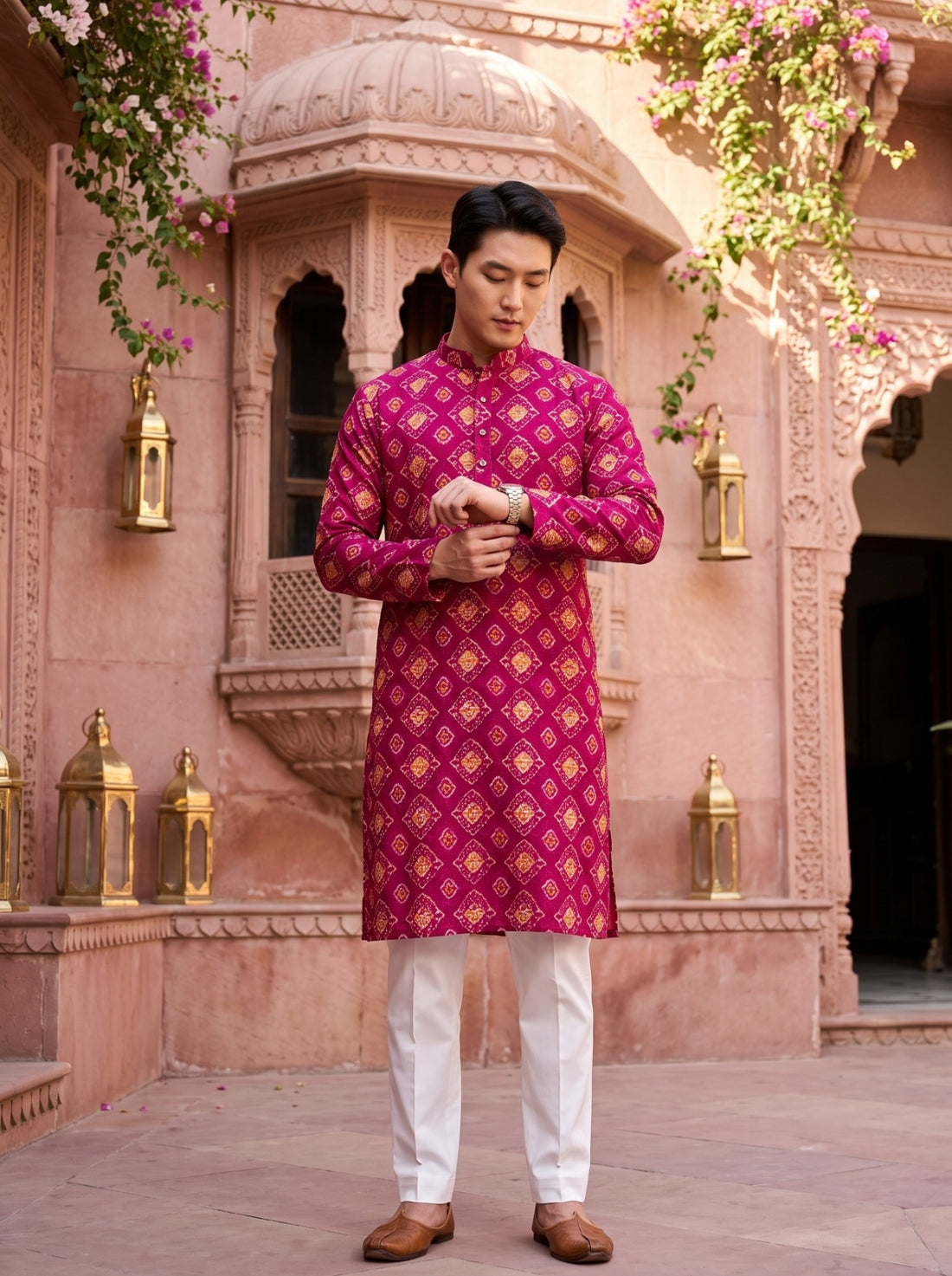 TryBuy TB_21146 men's magenta ethnic-print kurta, standing front view showing the long sleeves, button placket and magenta ethnic motif print.