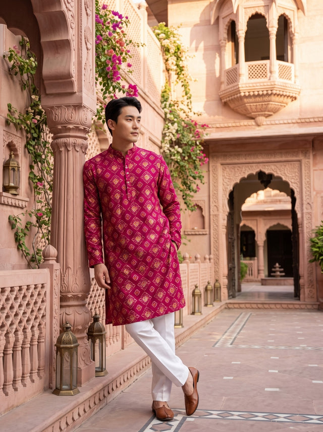 TryBuy TB_21146 men's magenta ethnic-print kurta, three-quarter full-length view showing the side slit and long sleeves.