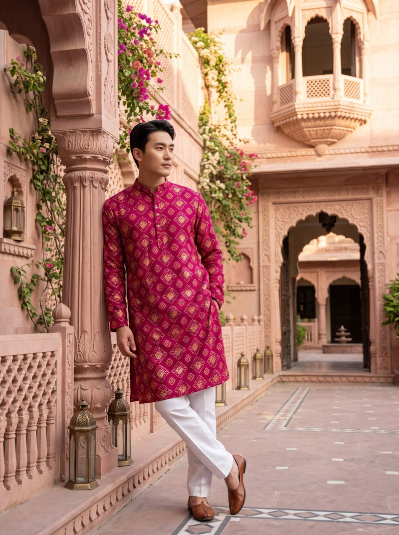 Men's Magenta Ethnic Motif Printed Viscose Rayon Kurta 4