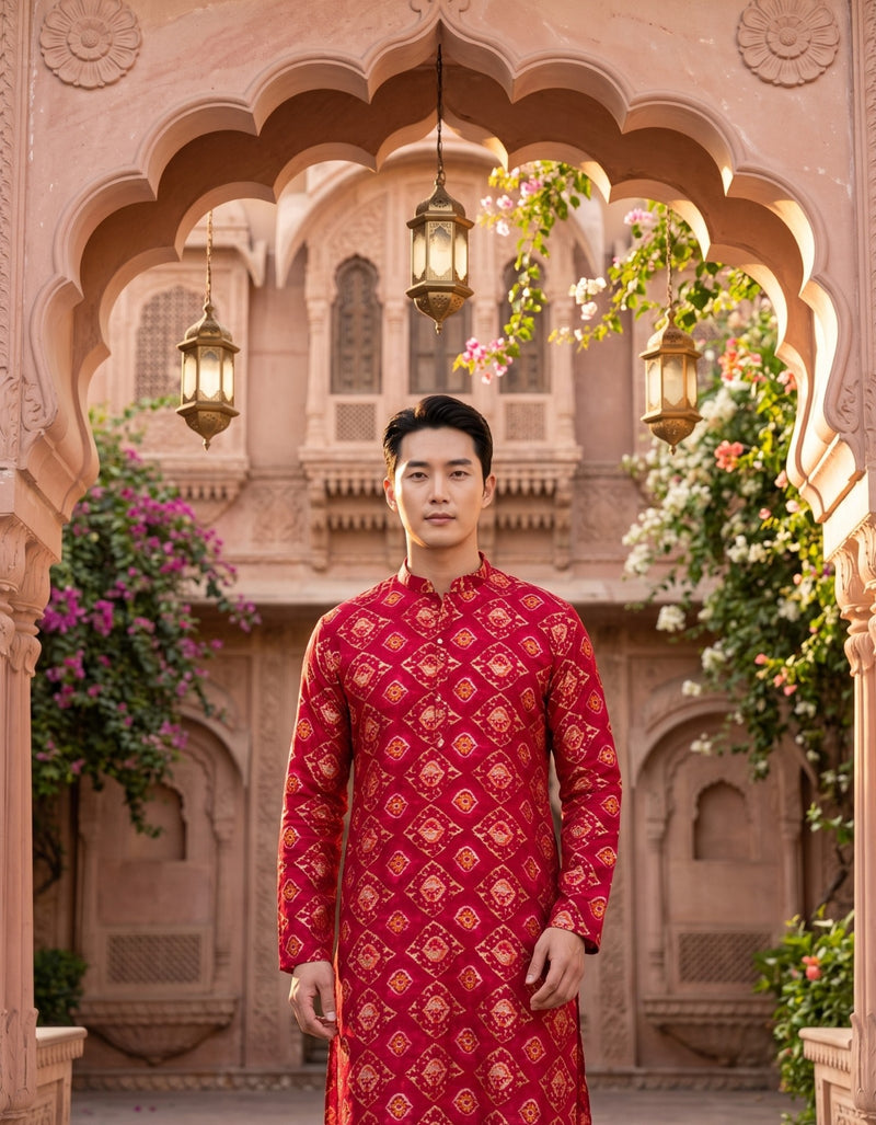 Men's Red Ethnic Motif Printed Viscose Rayon Kurta 6