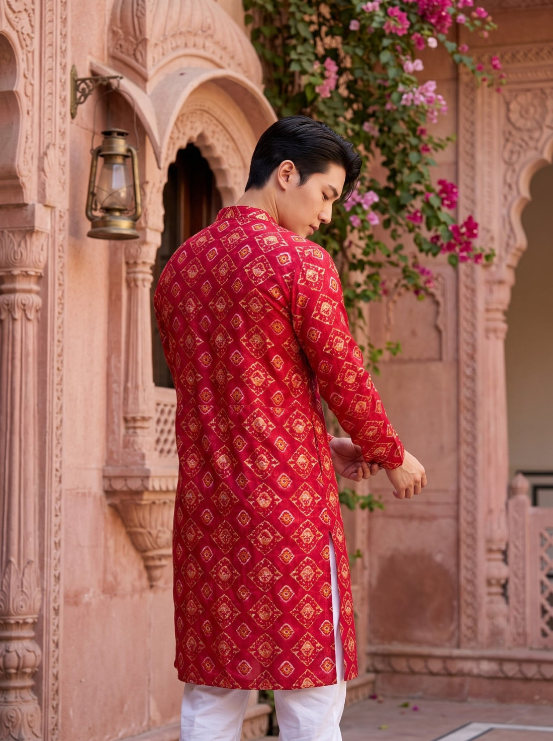 TryBuy TB_21147 men's red ethnic-print kurta, back view showing the repeating gold-toned and orange ornamental print.