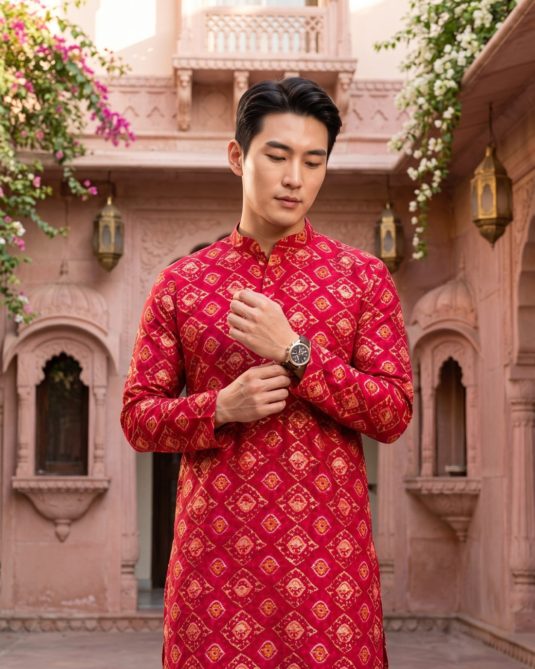 TryBuy TB_21147 men's red ethnic-print kurta, upper-body detail showing the mandarin collar, cuffs and gold-toned motifs.