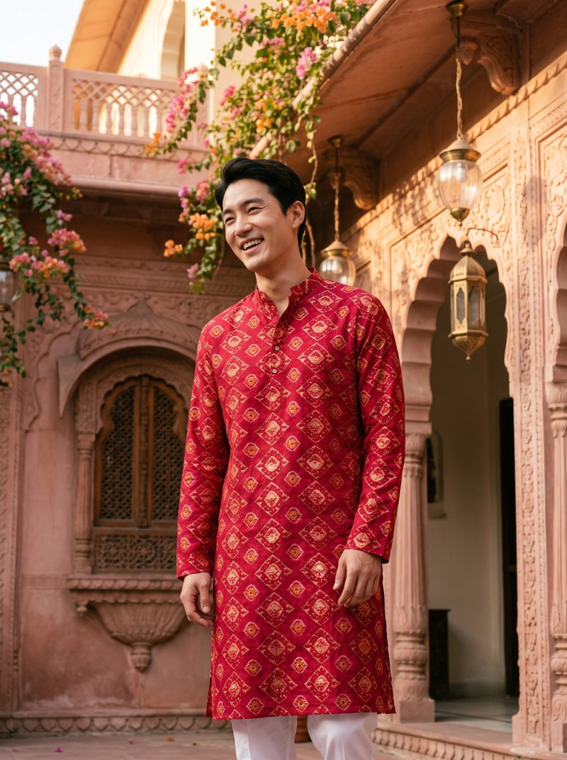 Men's Red Ethnic Motif Printed Viscose Rayon Kurta 3