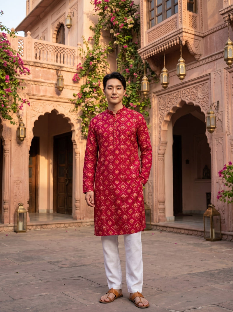 Men's Red Ethnic Motif Printed Viscose Rayon Kurta 1