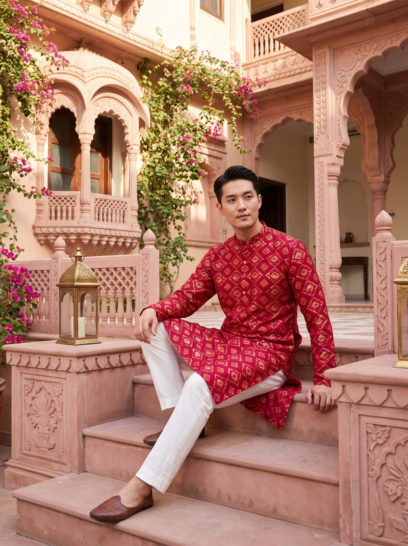 Men's Red Ethnic Motif Printed Viscose Rayon Kurta 9