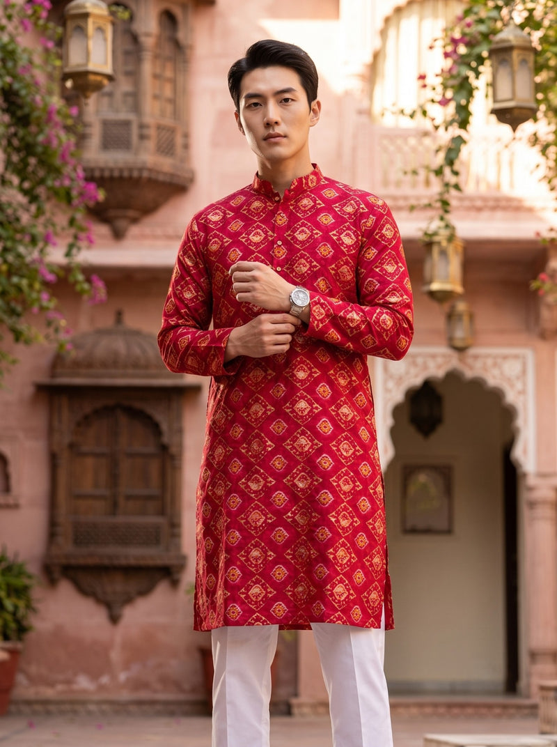 Men's Red Ethnic Motif Printed Viscose Rayon Kurta 10