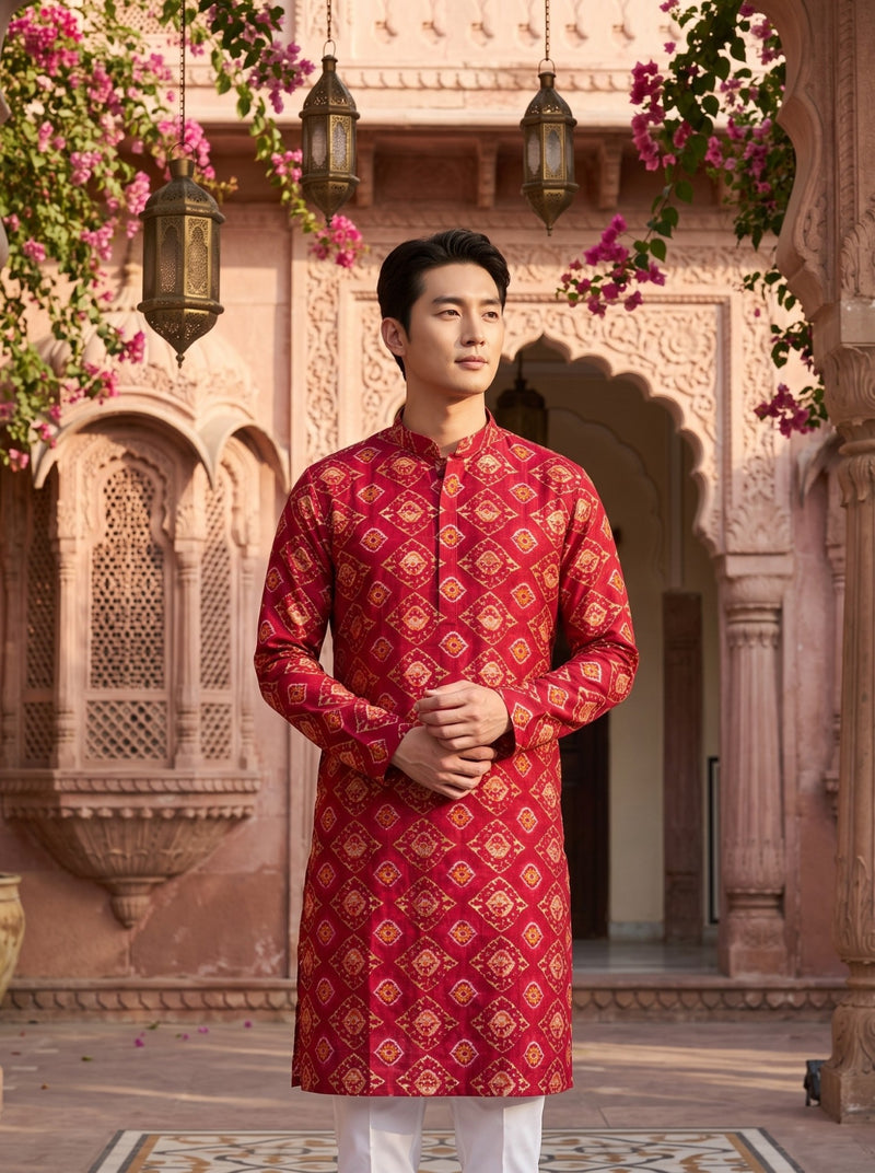 Men's Red Ethnic Motif Printed Viscose Rayon Kurta 8