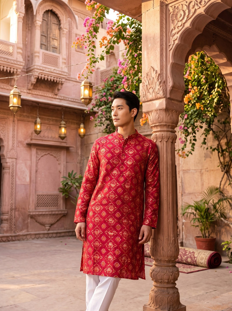 Men's Red Ethnic Motif Printed Viscose Rayon Kurta 4