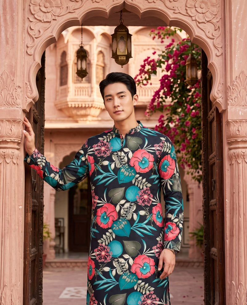 Men's Black Tropical Floral Printed Viscose Rayon Kurta 6