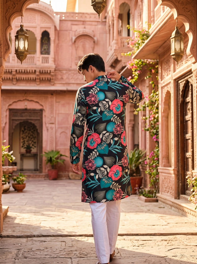 Men's Black Tropical Floral Printed Viscose Rayon Kurta 5