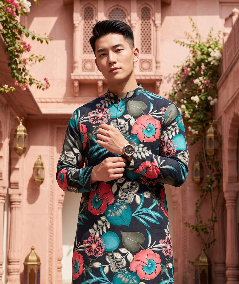 Men's Black Tropical Floral Printed Viscose Rayon Kurta 11
