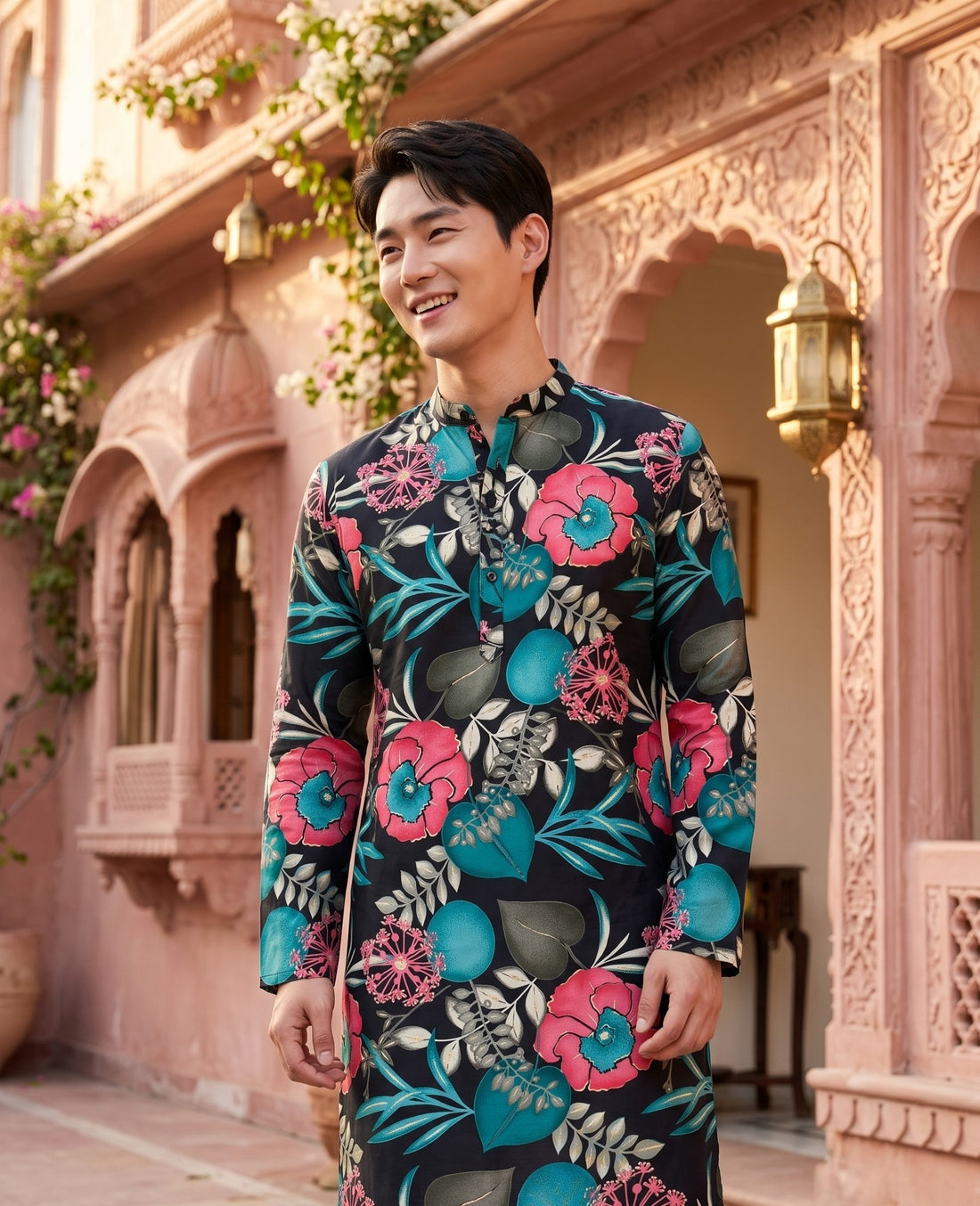 Front lifestyle view of TryBuy TB_21148 men's black tropical floral kurta with full sleeves