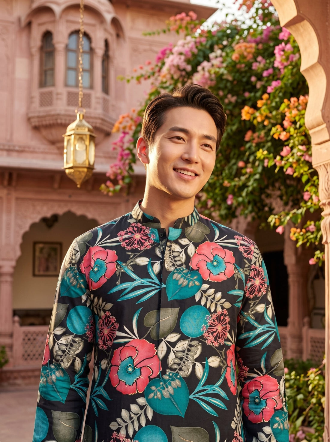 TryBuy TB_21148 black floral kurta front detail showing the mandarin collar, pink flowers and turquoise leaves