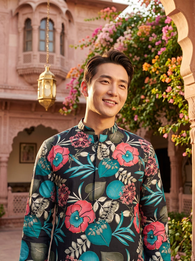 TryBuy TB_21148 black floral kurta front detail showing the mandarin collar, pink flowers and turquoise leaves