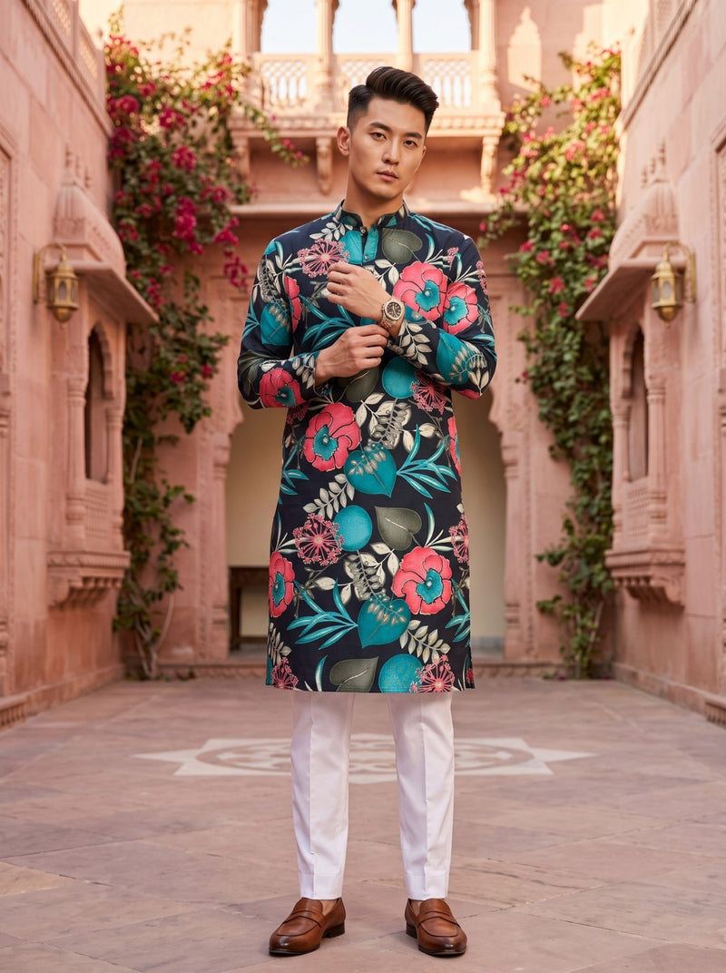 Men's Black Tropical Floral Printed Viscose Rayon Kurta 10