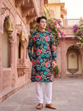 Men's Black Tropical Floral Printed Viscose Rayon Kurta