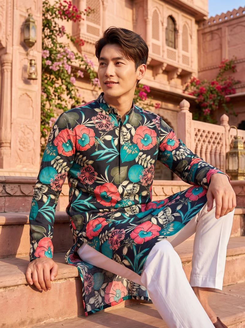 Men's Black Tropical Floral Printed Viscose Rayon Kurta 9