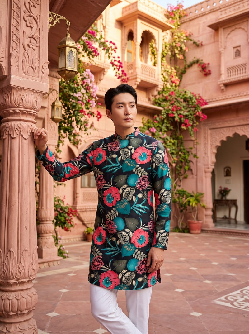 Men's Black Tropical Floral Printed Viscose Rayon Kurta 8