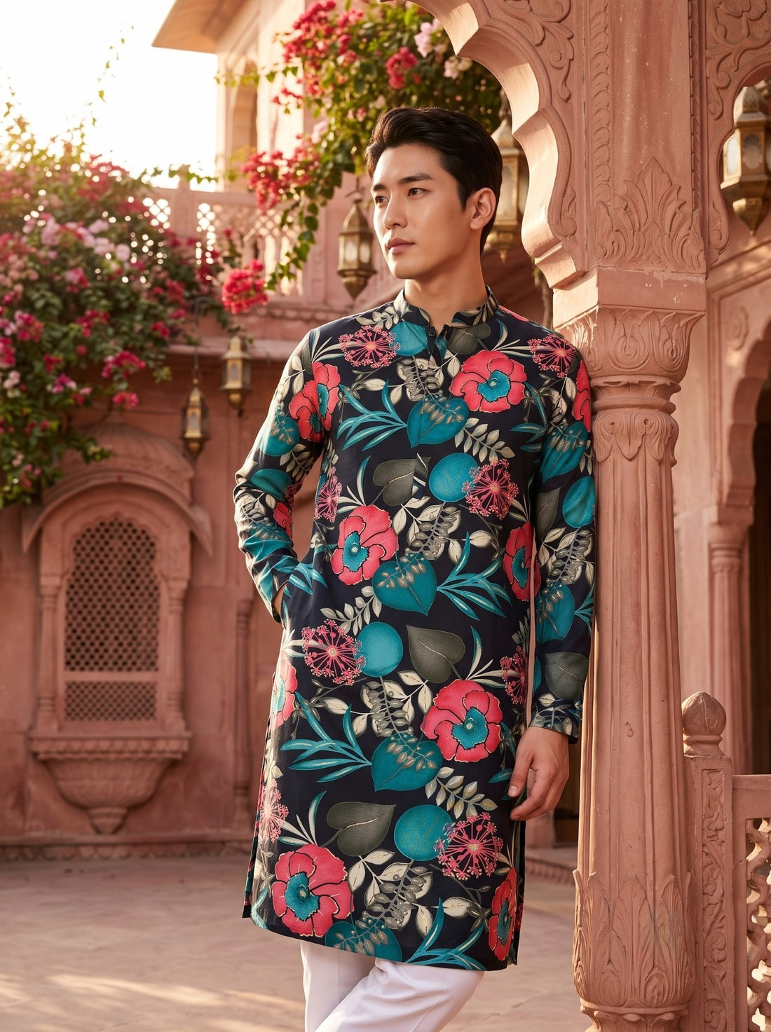 Three-quarter front view of TryBuy TB_21148 black floral kurta showing the straight knee-length silhouette