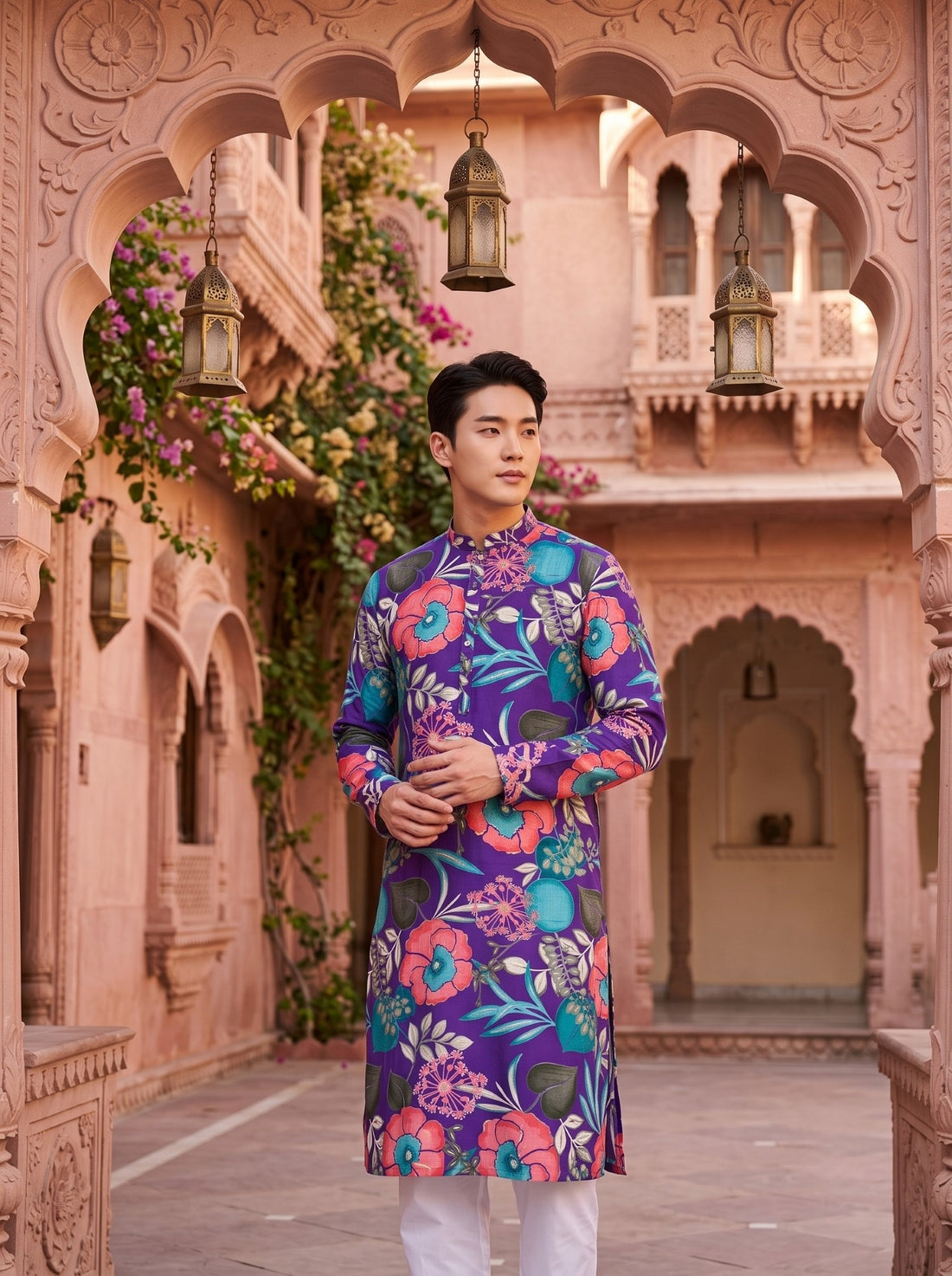 TryBuy TB_21149 purple kurta with pink and teal floral print shown in an archway