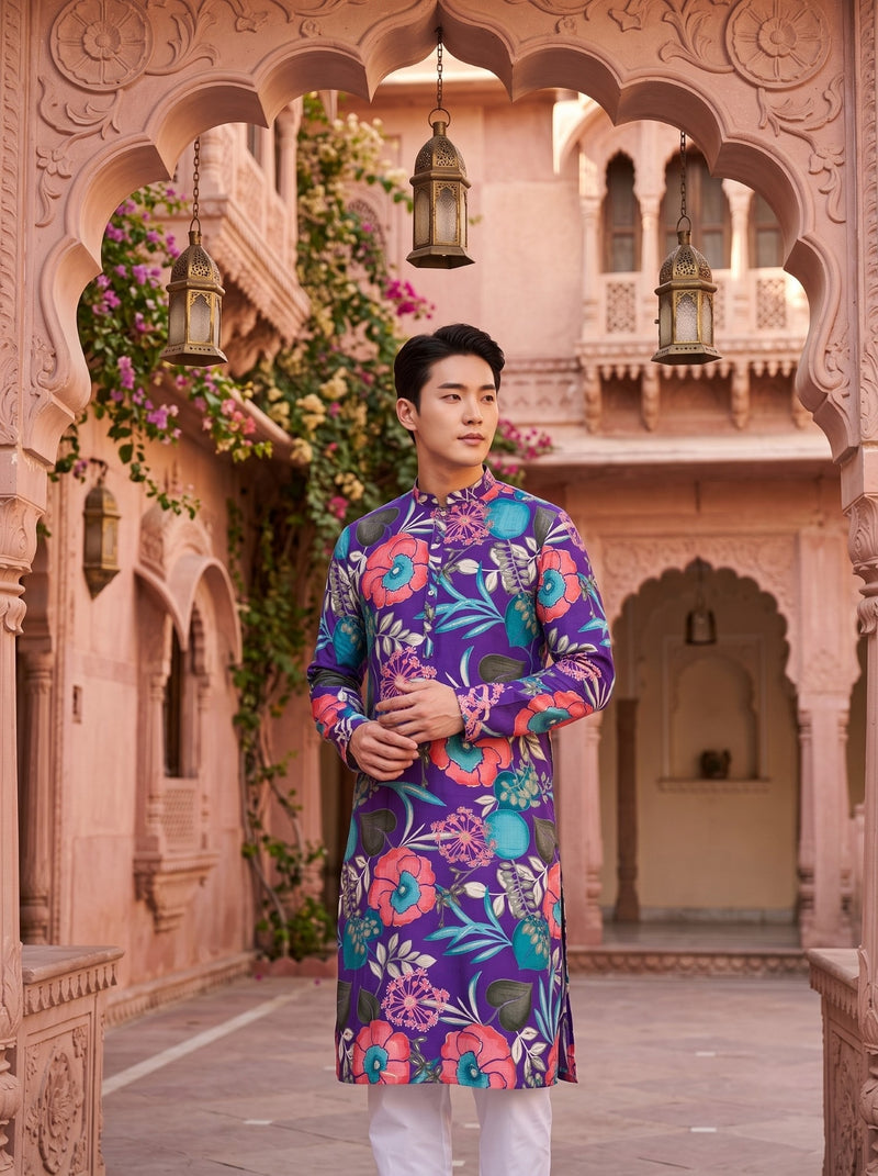 Men's Purple Tropical Floral Printed Viscose Rayon Kurta 8