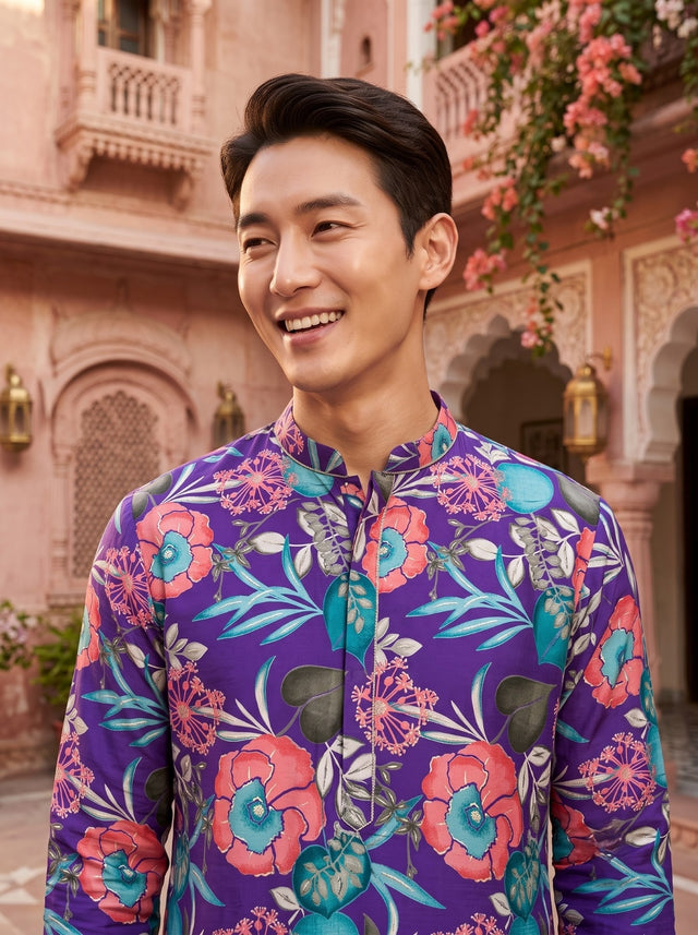 TryBuy TB_21149 purple floral kurta close-up showing the mandarin collar, pink flowers and turquoise leaves