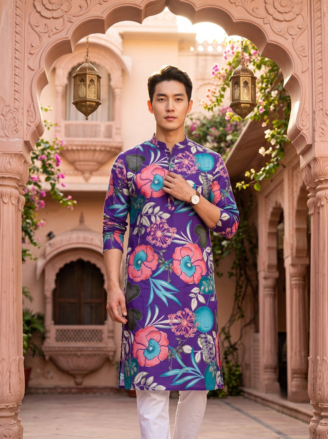 Front view of TryBuy TB_21149 purple floral kurta showing its mandarin collar and short button placket