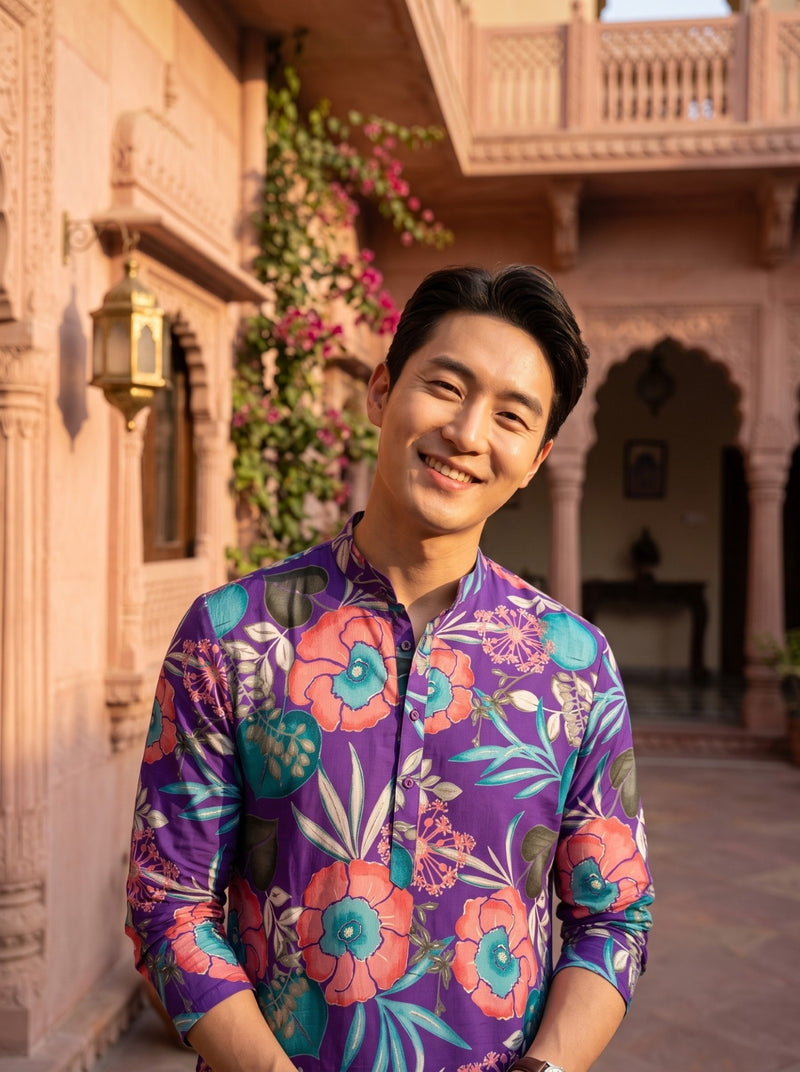 Men's Purple Tropical Floral Printed Viscose Rayon Kurta 3