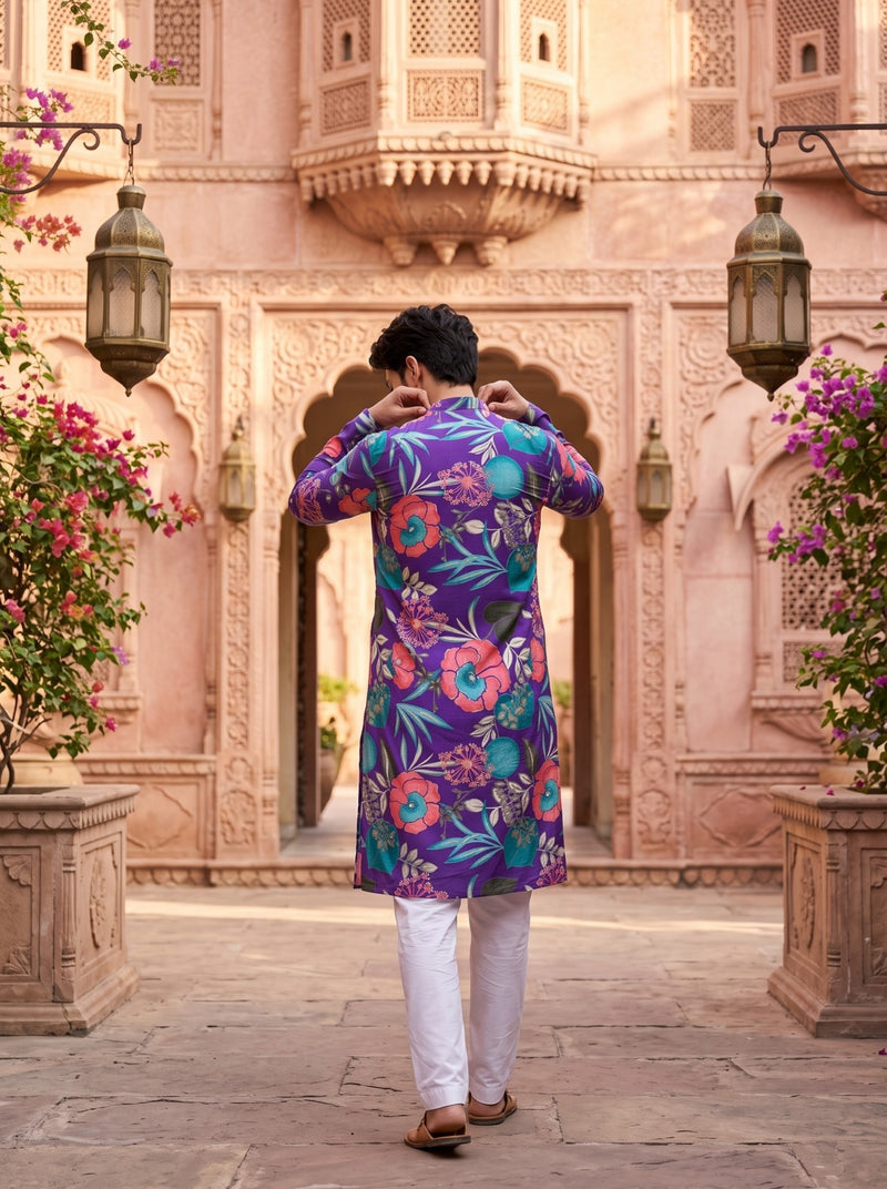 Men's Purple Tropical Floral Printed Viscose Rayon Kurta 5