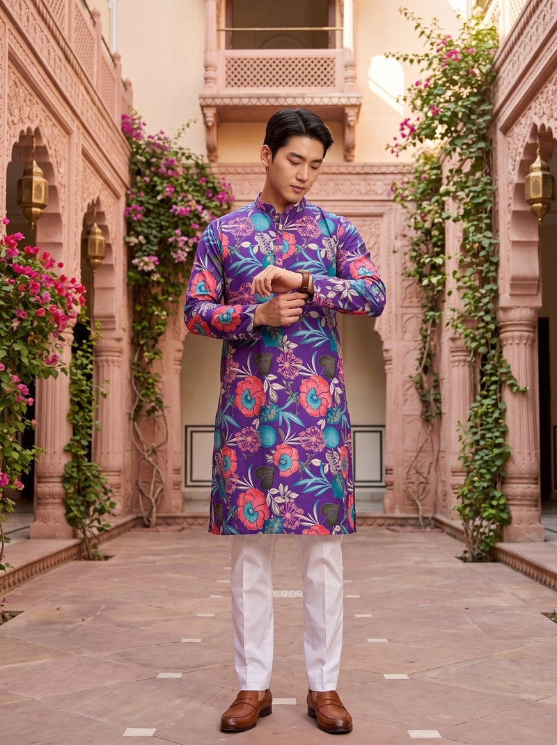 Men's Purple Tropical Floral Printed Viscose Rayon Kurta 11